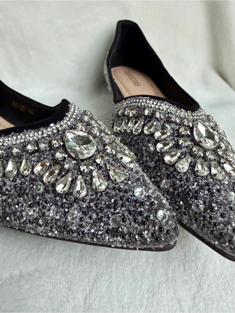 ZQKSEOHS Black Rhinestone Sparkly Pointed Toe Dress Ballet Flats Size 40 - Picture 3 of 12